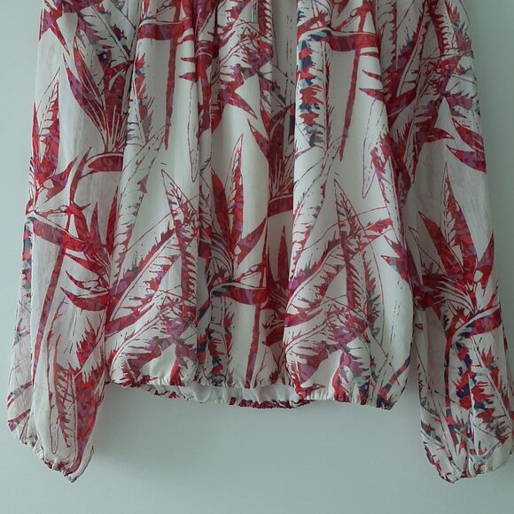 TAHARI - Foliage Print Long Sleeve Blouse - White/Pink - Size Medium - Picture 2 of 6